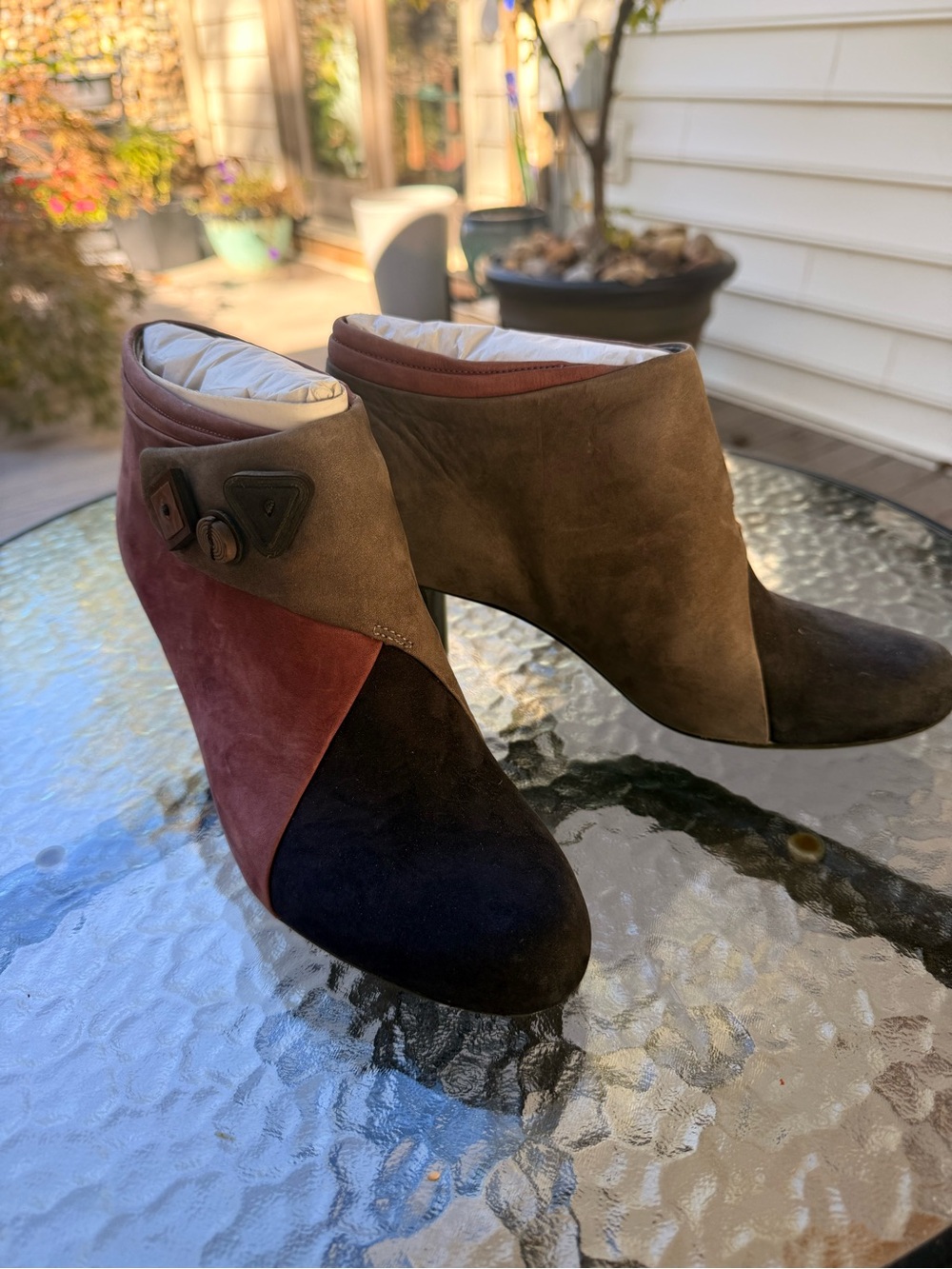 Camper Tri-Block Suede Wedge Ankle Boots — Burgundy, Grey, Black